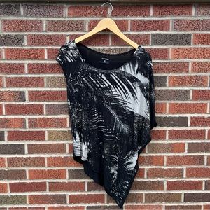 Express Black and Cream Palm Tree Print Asymmetrical Sleeve and Hem Top